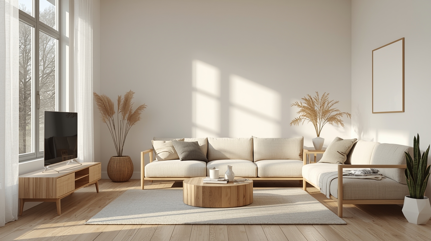 spokojny uporządkowany salon w domu po 50 jasne minimalistyczne wnętrze